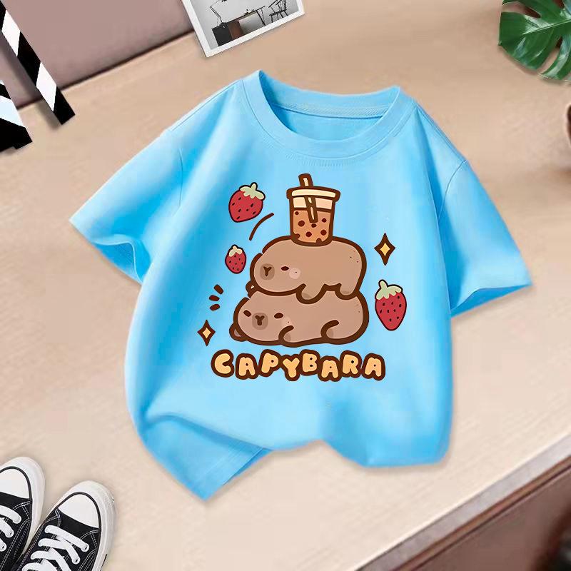Kinder T-Shirt Capybara Aufdruck Kinder 100% Baumwolle Kleidung Oberteile 2-13J Locker geschnitten Lässig Rundhalsausschnitt Kurzarm T-Shirt
