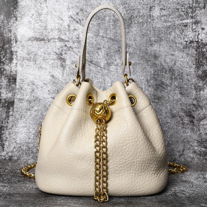 Top-grain Cowhide Ladies' Cosmetic Bag Casual Genuine Leather Bucket Bag Soft Cowhide Chain Bag