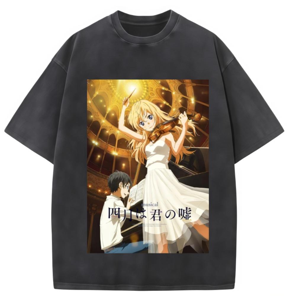 Your Lie In April Anime Lover Washed T-shirt Year Round Clothing High Quality Personality Clothes Plus Size Unisex New Model Couples Tee