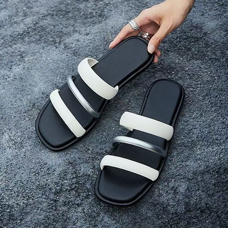 White-naped crane fashion bottom thick heel flat sandals women open-toed creative double belt sandals beach