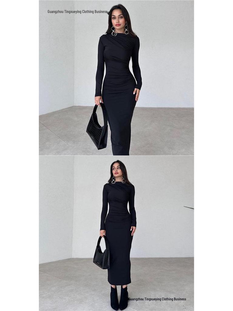 European Style Elegant Round Neck Long Sleeve Slim Fit Bodycon Dress