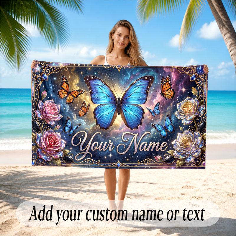 Butterfly Theme Soft Beach Towel Personalized Custom Name Text Towel Portable for Beach Pool Travel