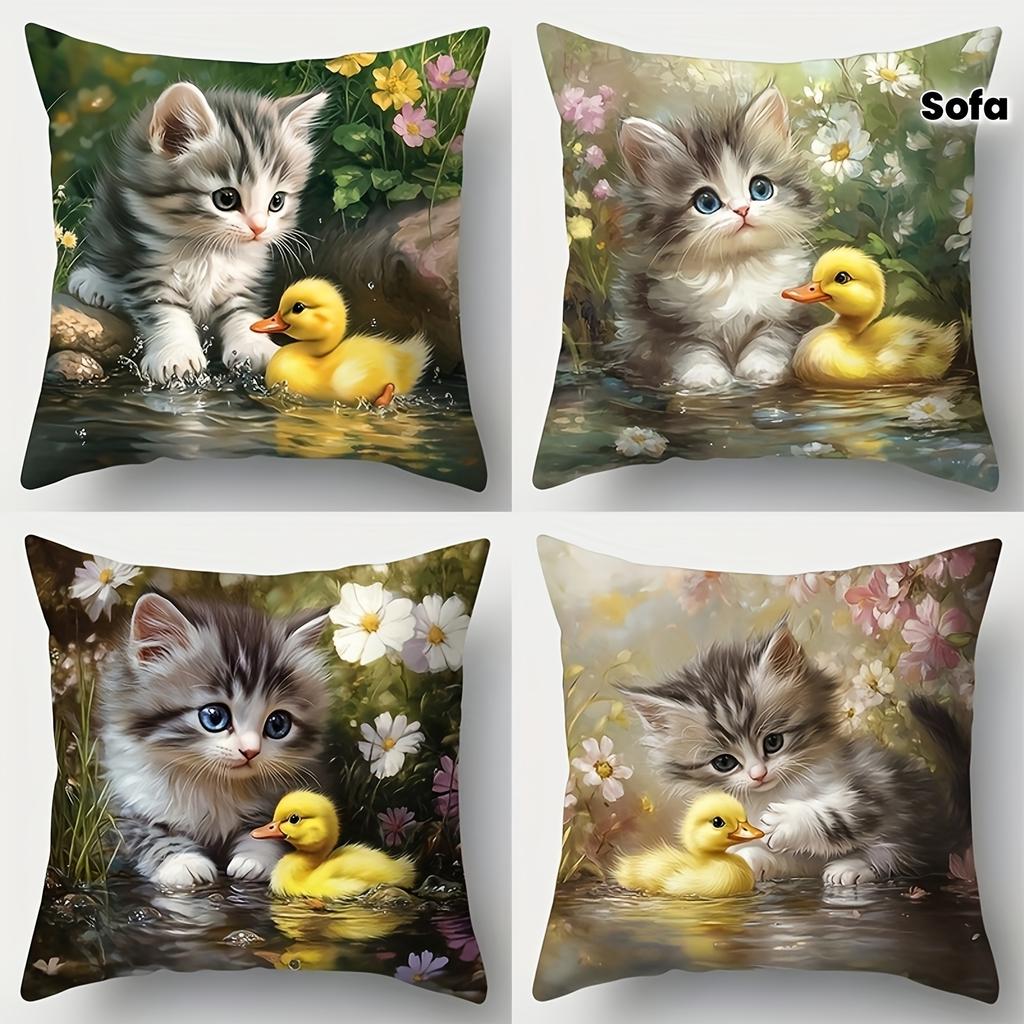 4pcs Cute Cat & Duck Pillow Covers Suitable - Contemporary Double-Sided Printed Decorative Cushion Cases with Zipper Closure, Adorable Kitten & Duck P