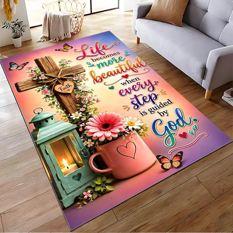 Christian-Inspired Floral Design Non-slip rug suitable for living room and bedroom sofas