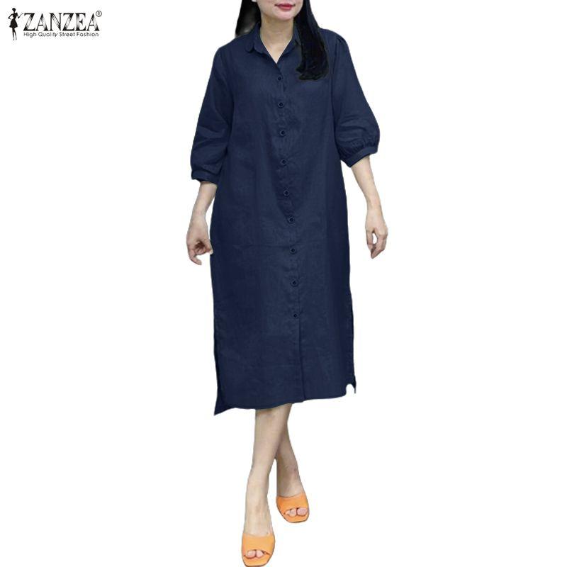 ZANZEA Women Casual Turn Down Collar Long Sleeve Loose Shirt Dress