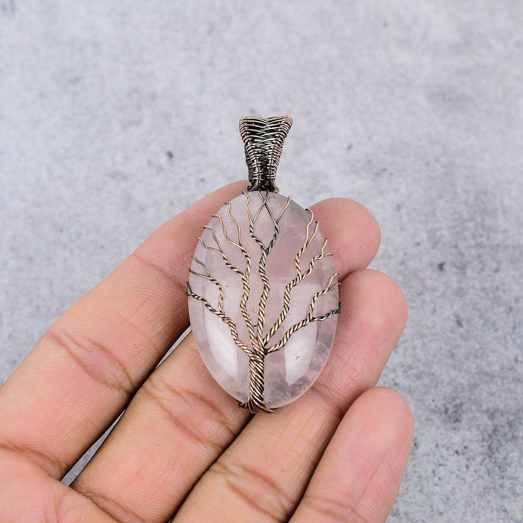 Rose Quartz Jewelry, 999 Copper Wire Wrapped Pendant Handmade Gemstone Jewelry, Gifts For Wife Brand New Pendant