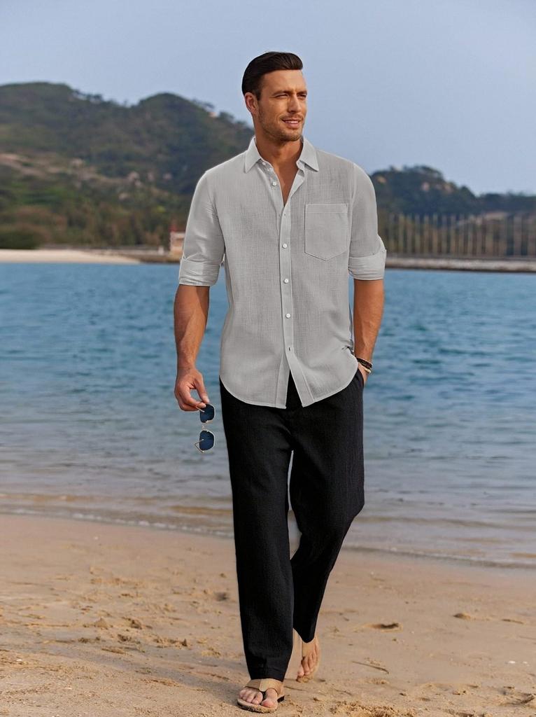 Men Casual Breathable Long Sleeve Shirt Long Pants Two Piece Linen Beach Set
