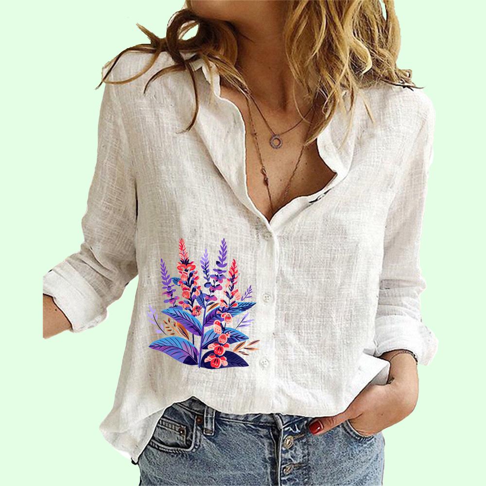Women Fashion Button-up Shirt Summer&fall Cotton Linen Floral Print  Top Ladies Casual  Long Sleeve Blouse