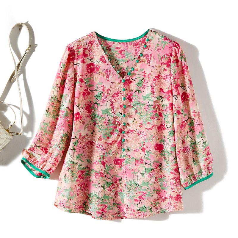 

Red Bamboo Leaf Print White Chiffon Shirt! Women s Multi-Button Bubble 3/4 Sleeve Sun Protection Loose T-shirt Summer Comfortable Red L