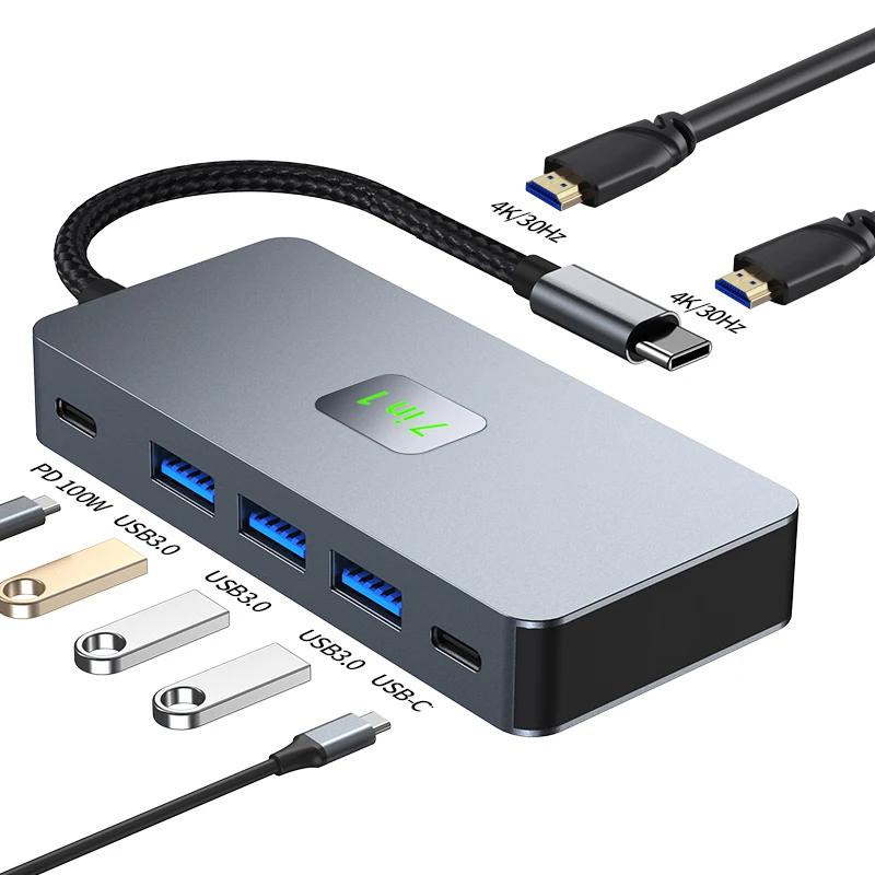 Docking Station Hub Usb 3.0 Multifunctional, Usbc, Pd100w, 2 HDTV, Mst 4k Compatible With Multi Screen Display Extension 7-In-1