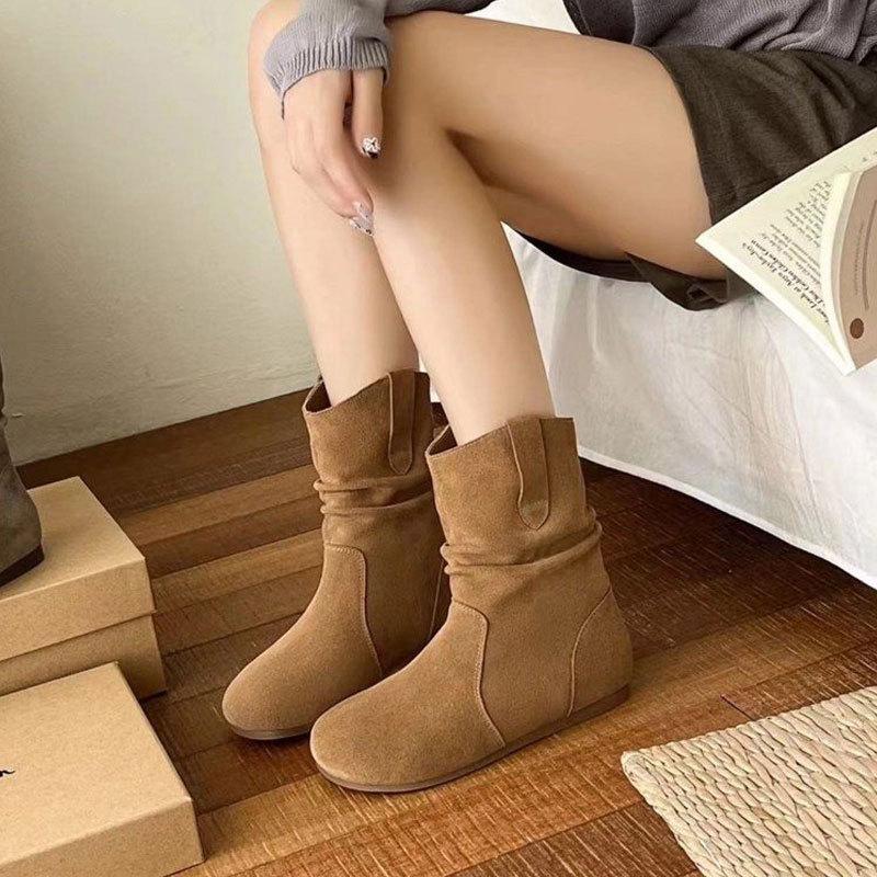Fashion Flats Suede Casual Shoes Women Ankle Boots Slip-on Autumn New Apricot Goth Round Toe Short Botas Retro Versatile Chelsea Botines