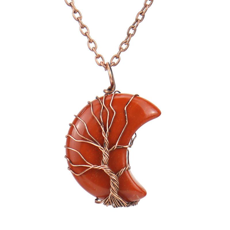 Moon Shape Design Natural Crystal Pendant Necklace With Tree Of Life Design For Women