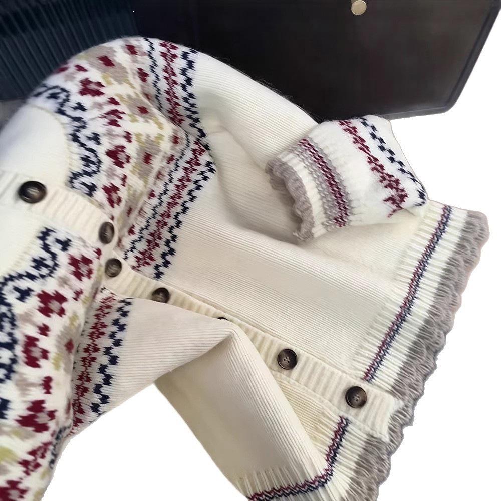 Women's Loose-Fit Knitted Cardigan - Fair Isle Design, Cozy Autumn/Winter Style