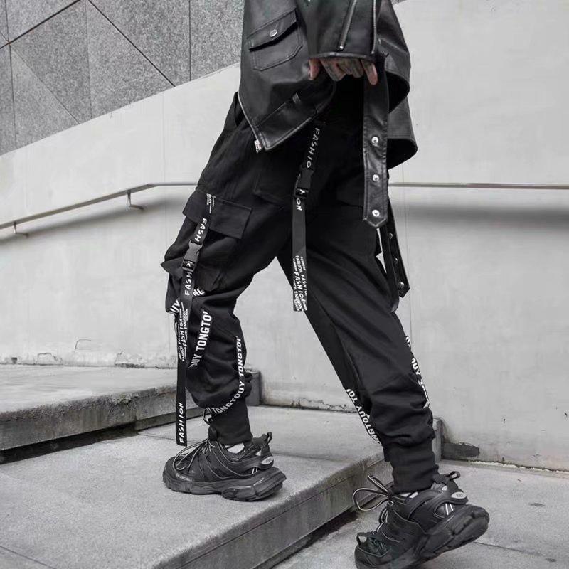 Men's Trendy Cargo Joggers: Spring/Autumn, Multi-Pocket, Korean Ribbon Style