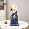 Compact Window Display Items Halloween Tombstone Figurine, Resin Ghost Pumpkin Crow on Retro Haunted House Props Statue for Desktop Holiday