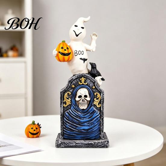 Compact Window Display Items Halloween Tombstone Figurine, Resin Ghost Pumpkin Crow on Retro Haunted House Props Statue for Desktop Holiday