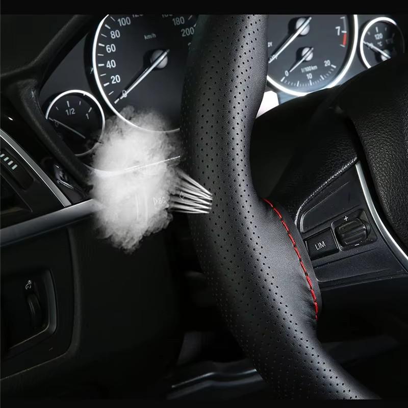Perforated Genuine Leather Hand Stitched Car Steering Wheel Cover 38cm Steering Wheel Protector With Needle Thread
