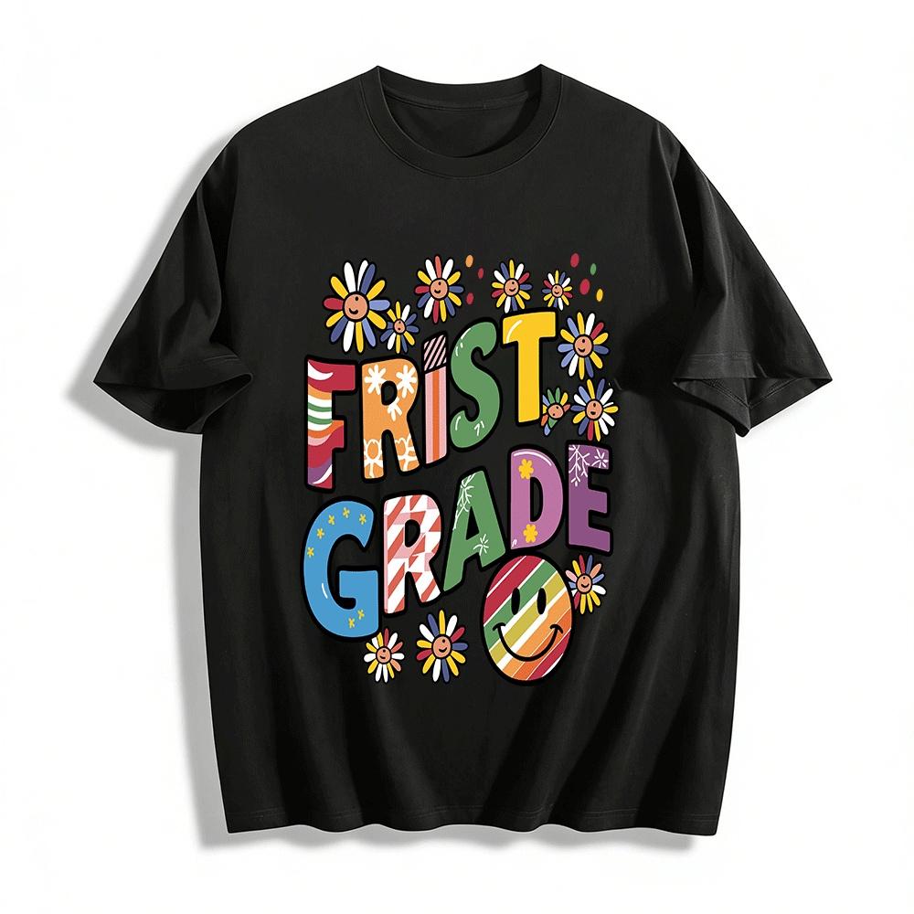 First Grade Smiley Flower Print Kids Tee Back To School Top Pure cotton T-shirt XXS