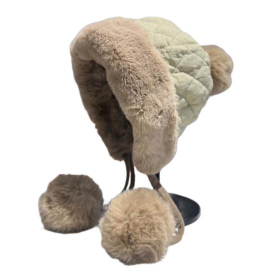Women Quilted Hat Winter Padded Warm Hat with Cute Pom Pom Ear Protection Fuzzy Hat with Drawstring for Autumn Winter Street Daily Wear