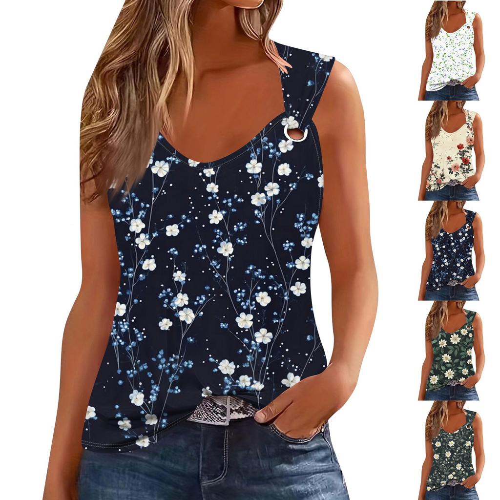 Womens Tank Top V Neck Basic Printed Casual Flowy Sleeveless Deep Side Cut Tops For Women