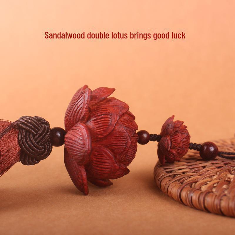 "Sandalwood Double Lotus Rearview Mirror Pendant - High-End Car Interior Accessory"