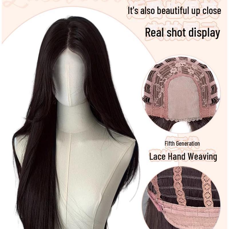 Women's Long Forehead Lace Wig with Natural Bangs - Fashionable Straight Hair, Full Coverage, Middle Parting.