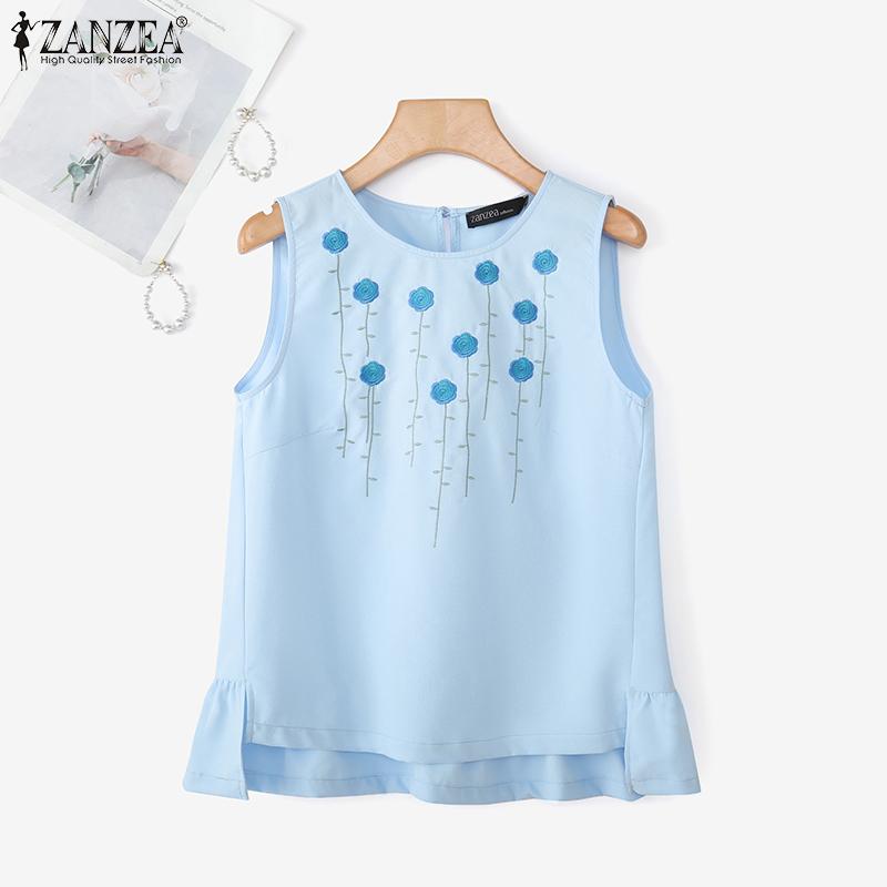

ZANZEA Женские повседневные майки без рукавов с вышивкой и оборками по подолу 4XL синий