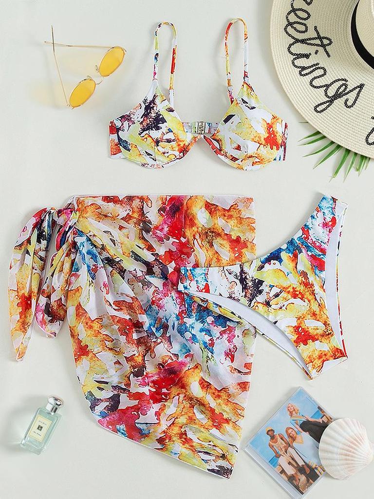 2025 European & American Three-Piece Print Bikini Set with Underwire & Half Skirt