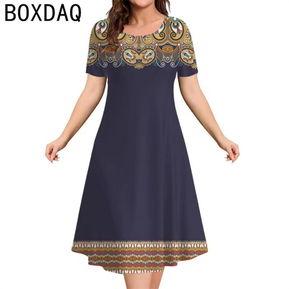 Rochie nouă pentru femei cu imprimeu etnic vintage 3D, rochie de vară cu mânecă scurtă, gât rotund, casual, rochie A-line, rochii supradimensionate pentru doamne