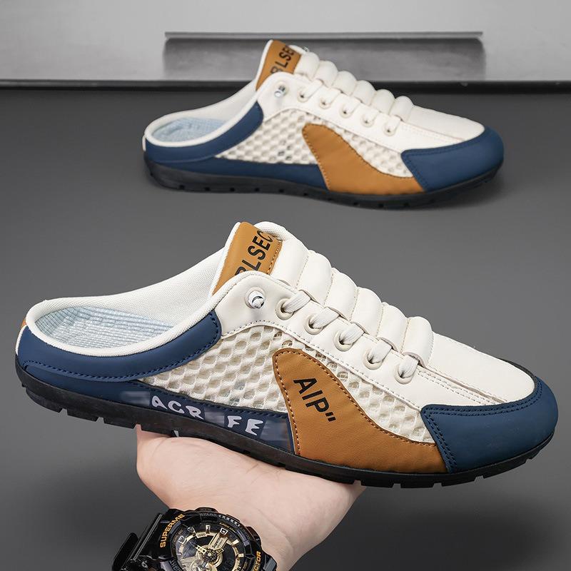 Men's half slippers outer wear summer mesh hollow men's heel-less one pedal outdoor lazy shoes breathable men's shoes