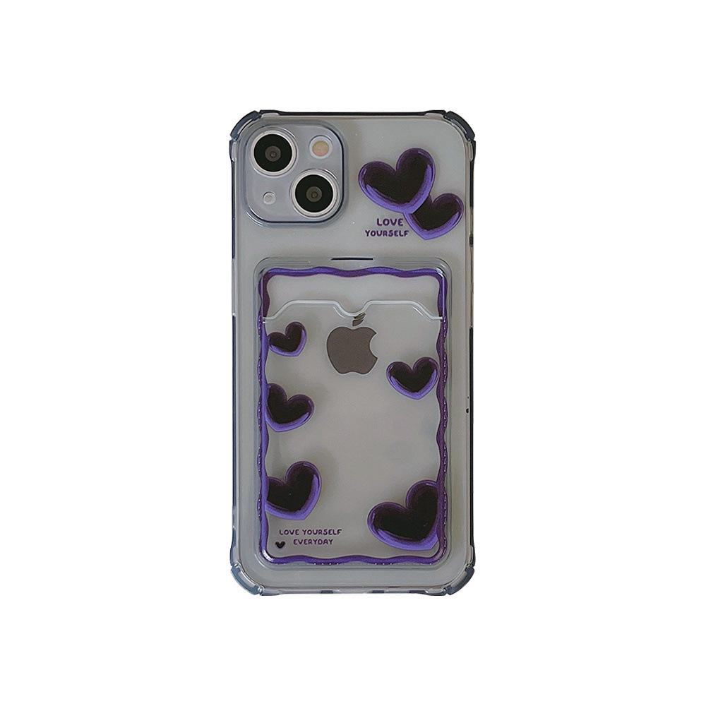 Pouzdro na mobil Apple 13 Purple Heart Black se slotem pro kartu, kompatibilní s iPhone 11/14, 12 Pro, XR/XS Max, průhledný design.