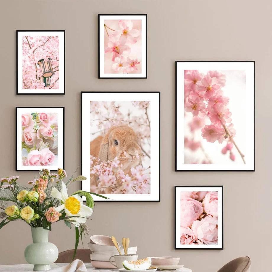 Rosa Kirschblüte Pfingstrose Orchidee Blume Nordic Poster Wand Kunst Leinwand Malerei Und Drucke Wand Bilder Für Schlafzimmer Wohnkultur