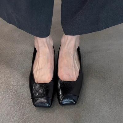 Sheepskin Version Black Retro Thin Leather Comfortable Commuting Flat Shoes Women's Minimalist Square Head One Pedal Small Single Shoes