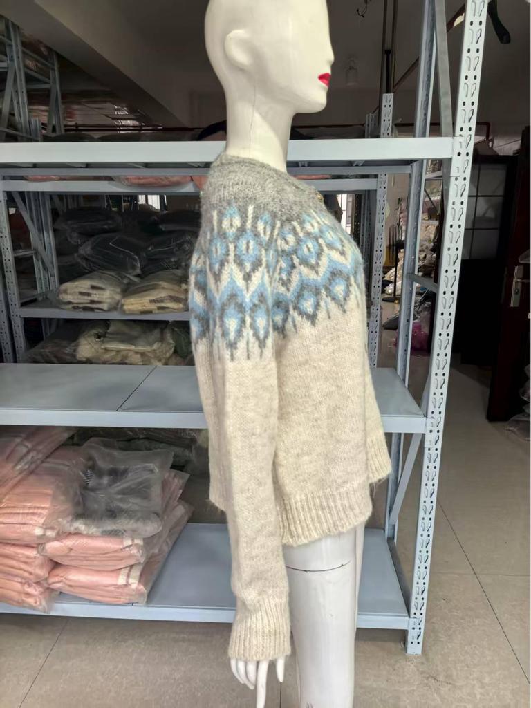 Women's Retro Fair Isle Color Block Knit Cardigan - Korean Style, Thick and Cozy for Autumn/Winter