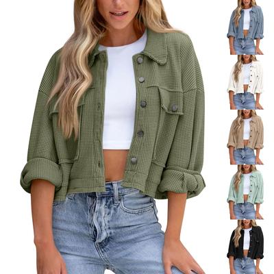 Women's Fashion Solid Color Long Sleeve Short Pocket Loose Button Jacket