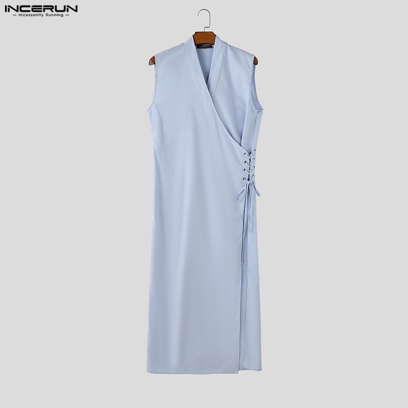 INCERUN Mens Vintage Sleeveless Long Vest V Neck Side Lace Up Casual High Split Tunic Top Robe