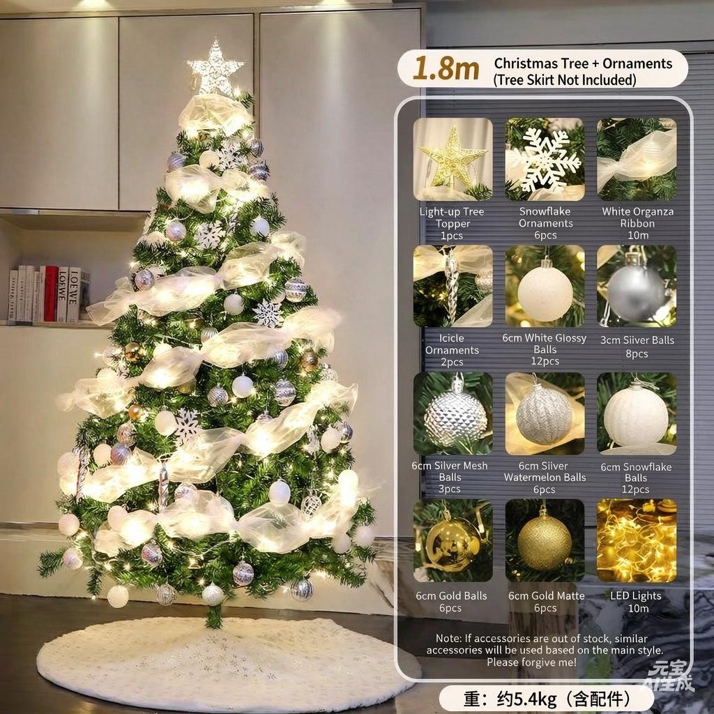 Foldable Artificial Christmas Tree Set, White Silver Decorations with LED Lights, 1.2m-1.8m Indoor Xmas Home Ornament