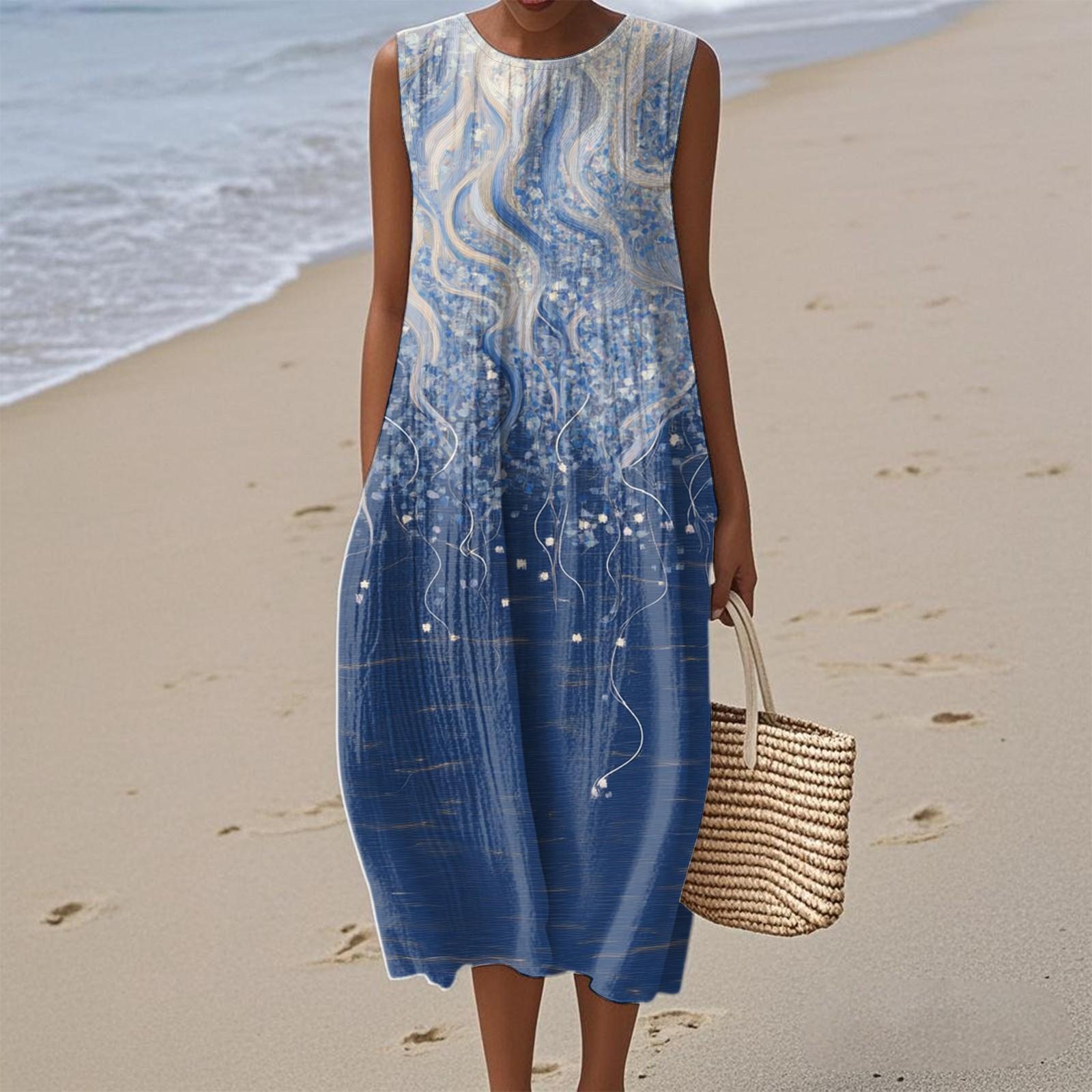 

Women s Fashion Casual Sleeveless Round Neck Floral Elegant Temperament Dress XL Темно-синій