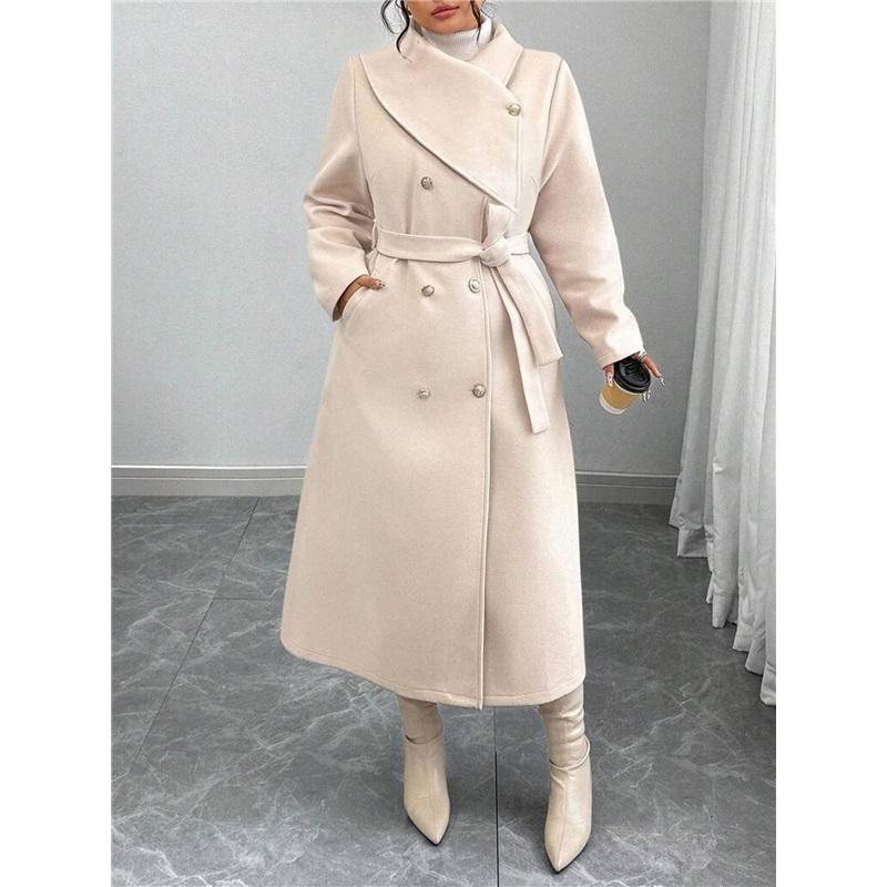 Women s Plus-Size Double-Breasted Wool Coat with Asymmetrical Collar for Winter L абрикосовый