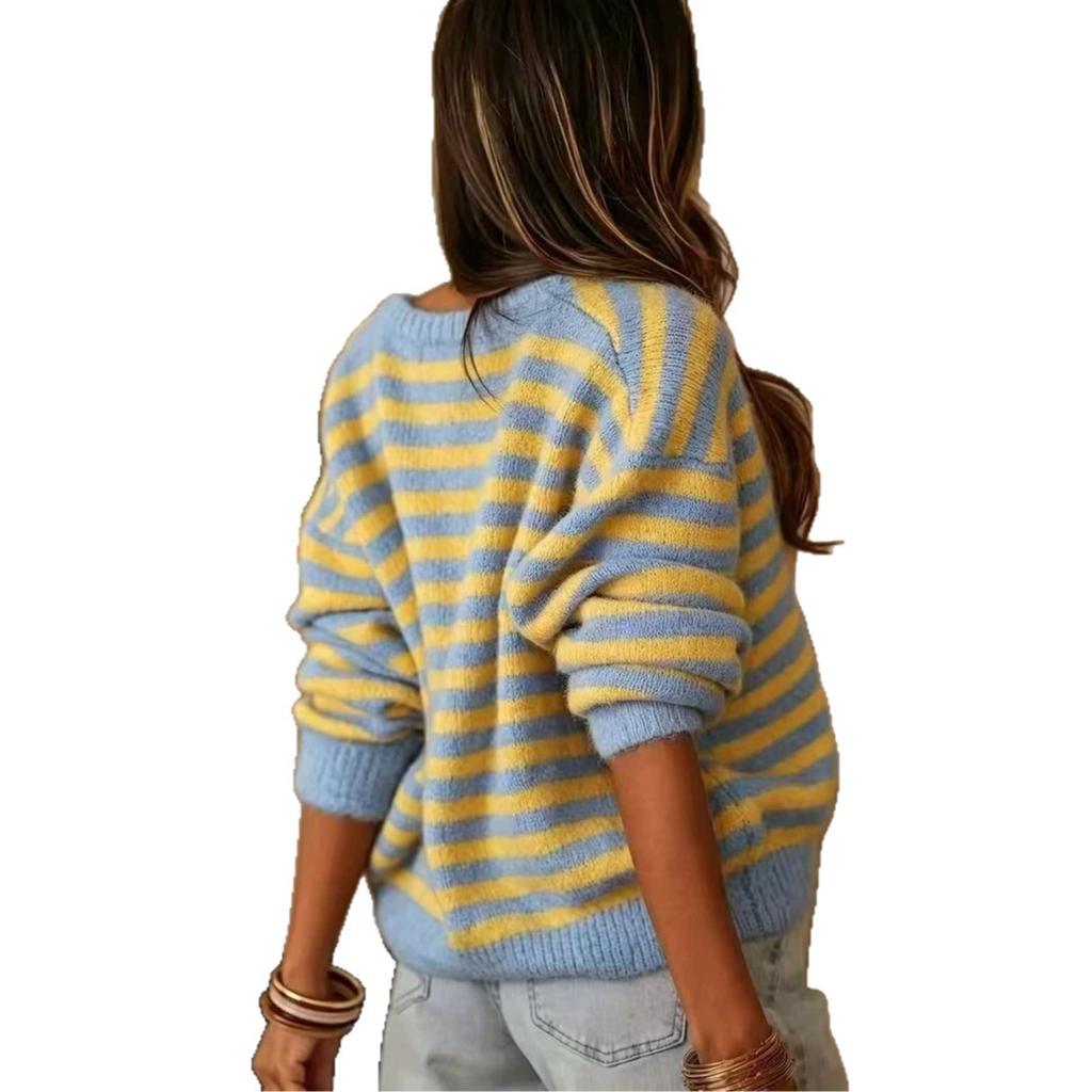 V-neck cardigan sweater women's lazy wind cardigan jacket autumn and winter contrasting color striped loose sweater