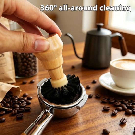 High-density Bristle Portafilter Brush Coffee Machine Basket Cleaning Brush, Soft with Hard Grinder Wood Handle Corner Espresso Tool Handheld