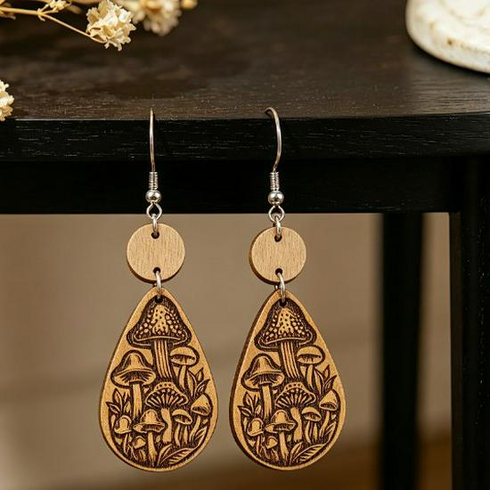 Bohemian Retro Carved Wood Dangle Earrings: European & American Style Water Drop Design