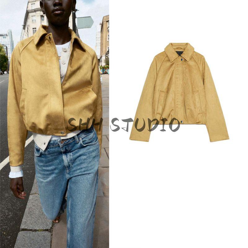 Fall New Women's Clothing Lapel Long Sleeves Silm Suede Effect Pilot Jacket Outwear 6318237