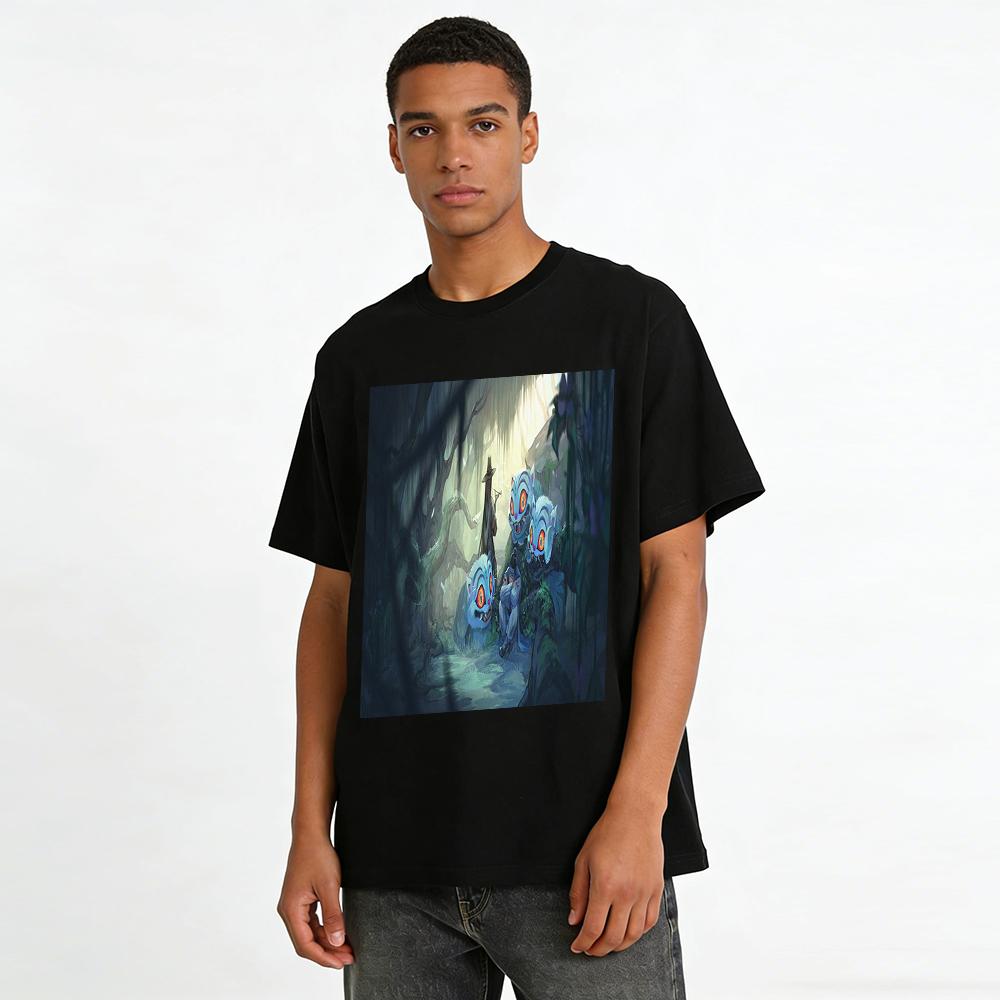 Mythical Forest Beasts and Swordsman Print T-shirt Chinese Style Loose Casual Top for Men and Women Pure cotton T-shirt