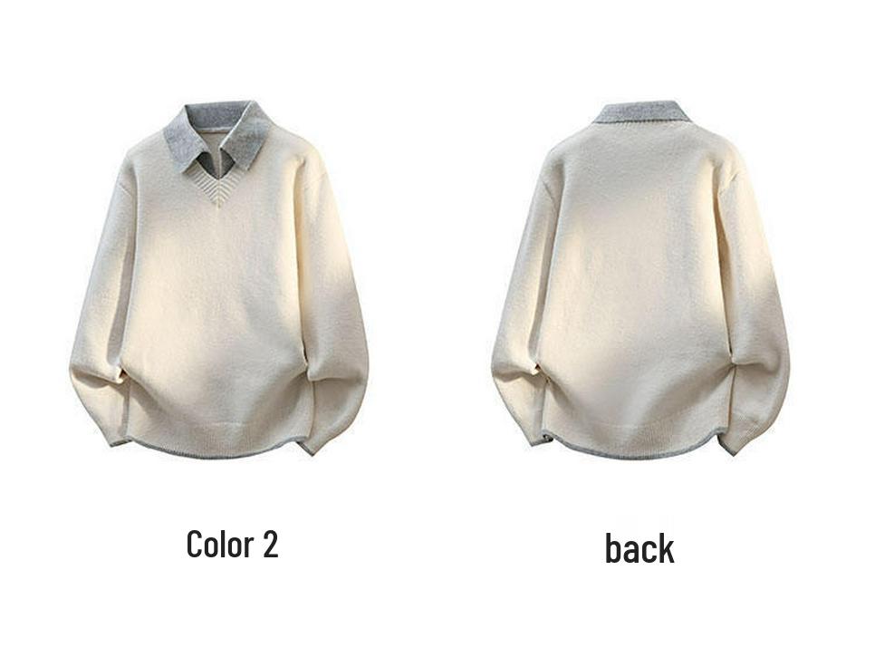 Men's Stylish Solid Color Two-Piece Look Lapel Sweater - Warm Japanese-Style Knitwear for Autumn/Winter.