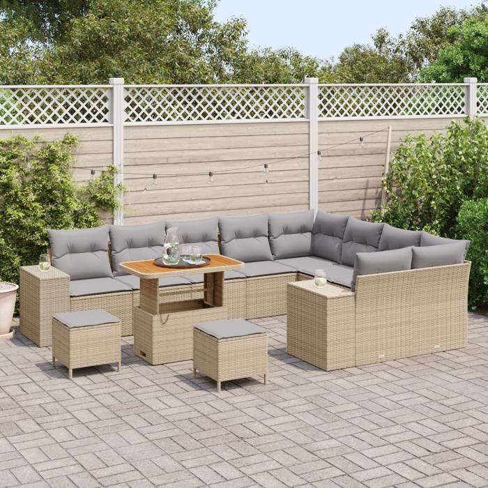 Ensemble de canapé de jardin de 12 pièces avec coussins beige en poly rotin, Set de salle à manger de jardin 3 pièces 3362047