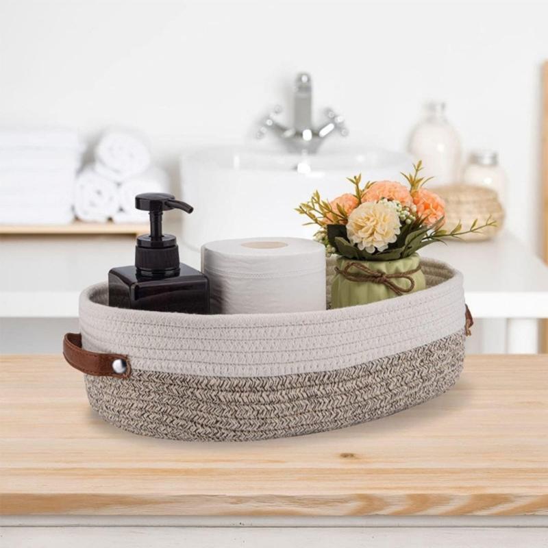 Natural Cotton Rope Oval Storage Basket Featuring Sturdy Leather Handles For Home Use