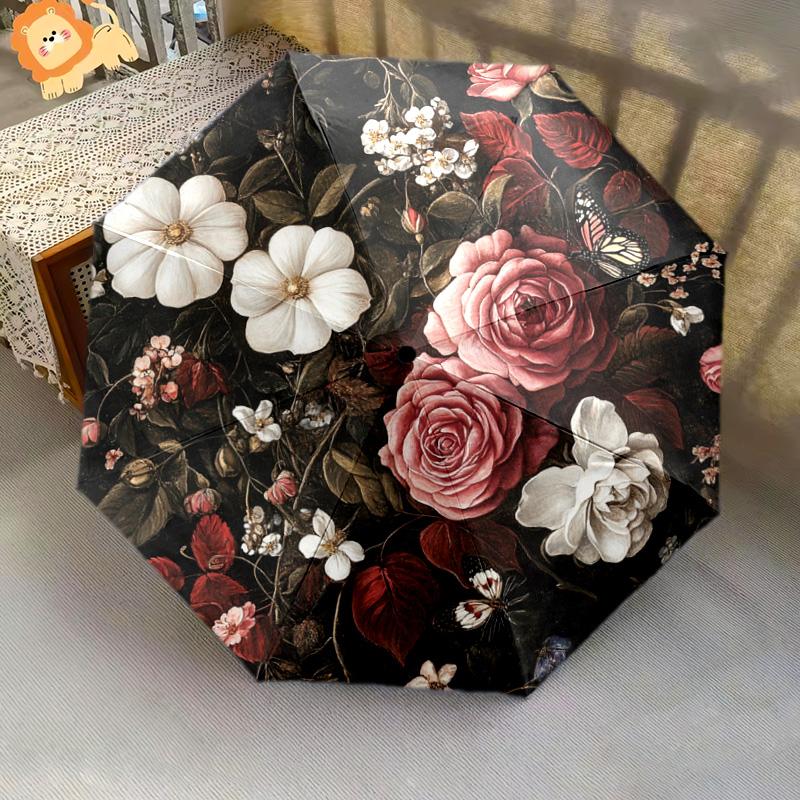 1 PC Automatic Folding Umbrella - Roses and Butterflies Pattern, Portable & Foldable Design with 8 Ribs, Christmas Birthday Gifts
