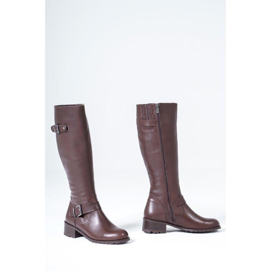 Kniehohe Damenstiefel aus echtem Leder mit Schnalle und mittlerem Absatz