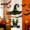 Witch Hat Wall Decor Halloween Boot Sign, Hanging Trick or Treat Decoration Entrance for Home Room, Wooden Front Door Hanger Holiday